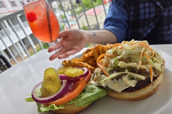 Burger, Fries, Aperol Spritz on Patio at Rhythm Tap & Grille